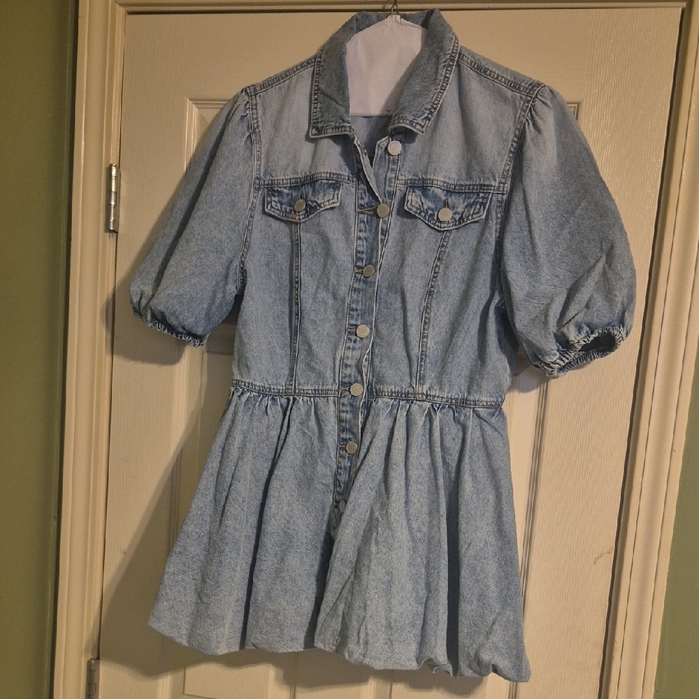 Blank NYC Light Blue Denim Mini Dress with Puff Sleeves